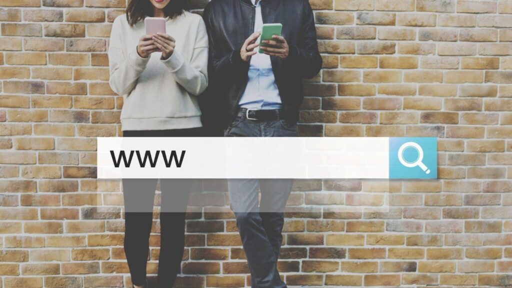 A search bar graphic over two people, indicating that they're navigating to the best people finder website.